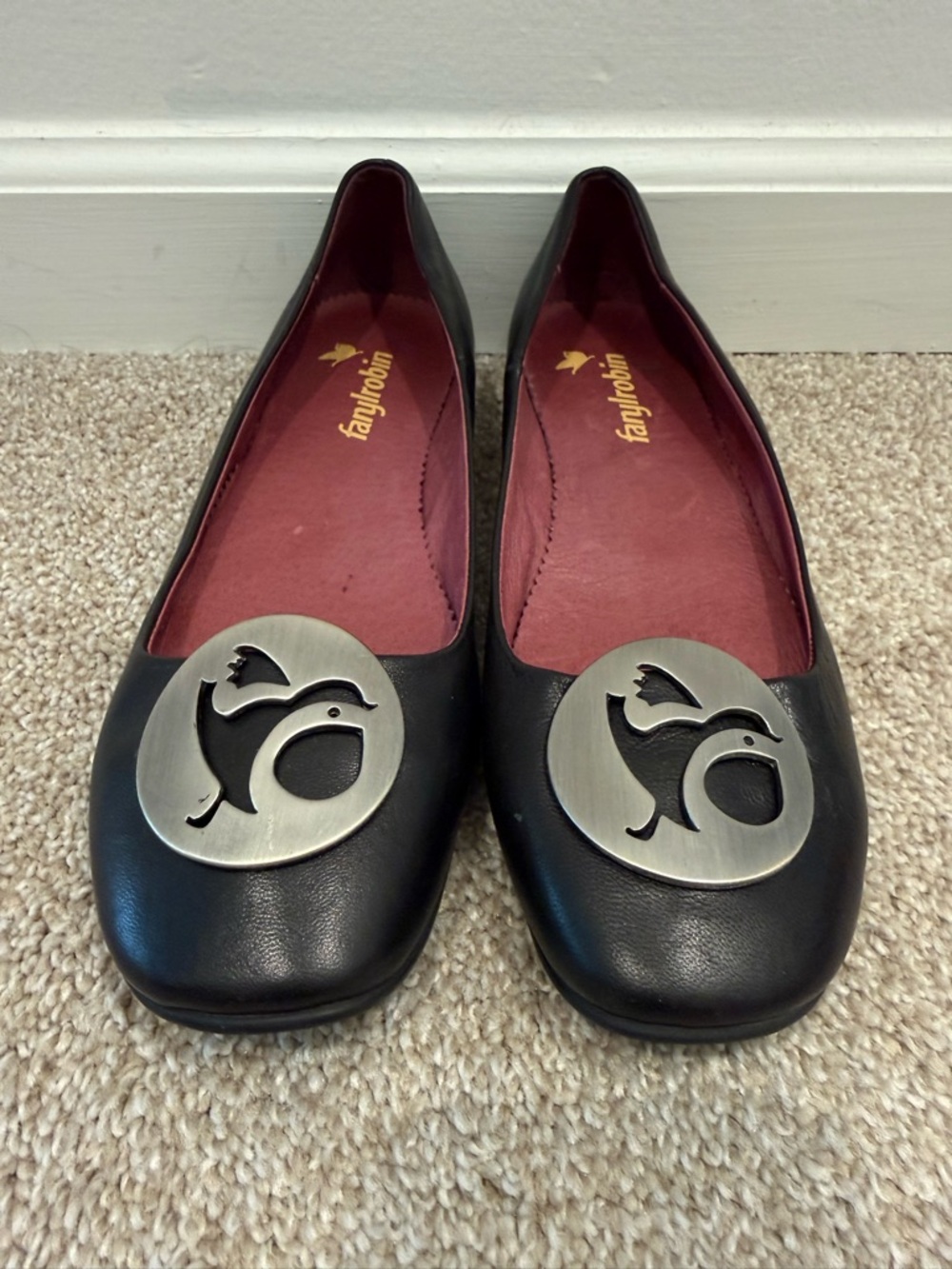 Farylrobin Black Leather Flats with Silver Medallion
